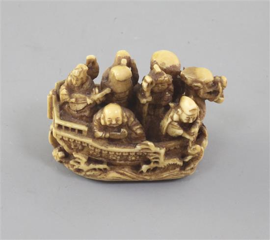 A Japanese ivory netsuke of the Takarabune (treasure ship) 19th century, signed Kagetashi, 4.5cm (no. 525)